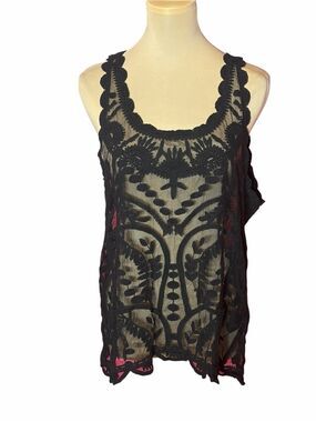 Capri Black Sheer Lace Overlay Tank Top Sleeveless Boho Festival L